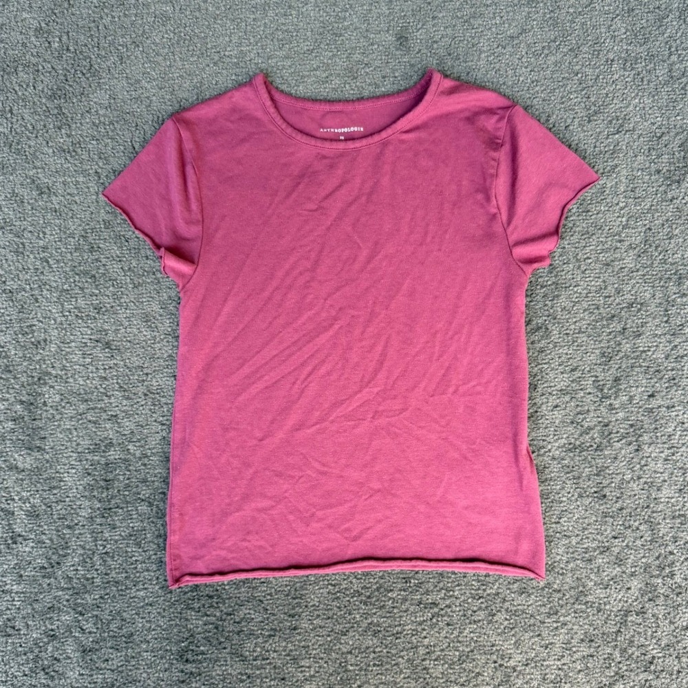 Anthropologie Womens XS Berry‎ Pink Crew Neck Short Sleeve Raw Hem Tee OB2020747